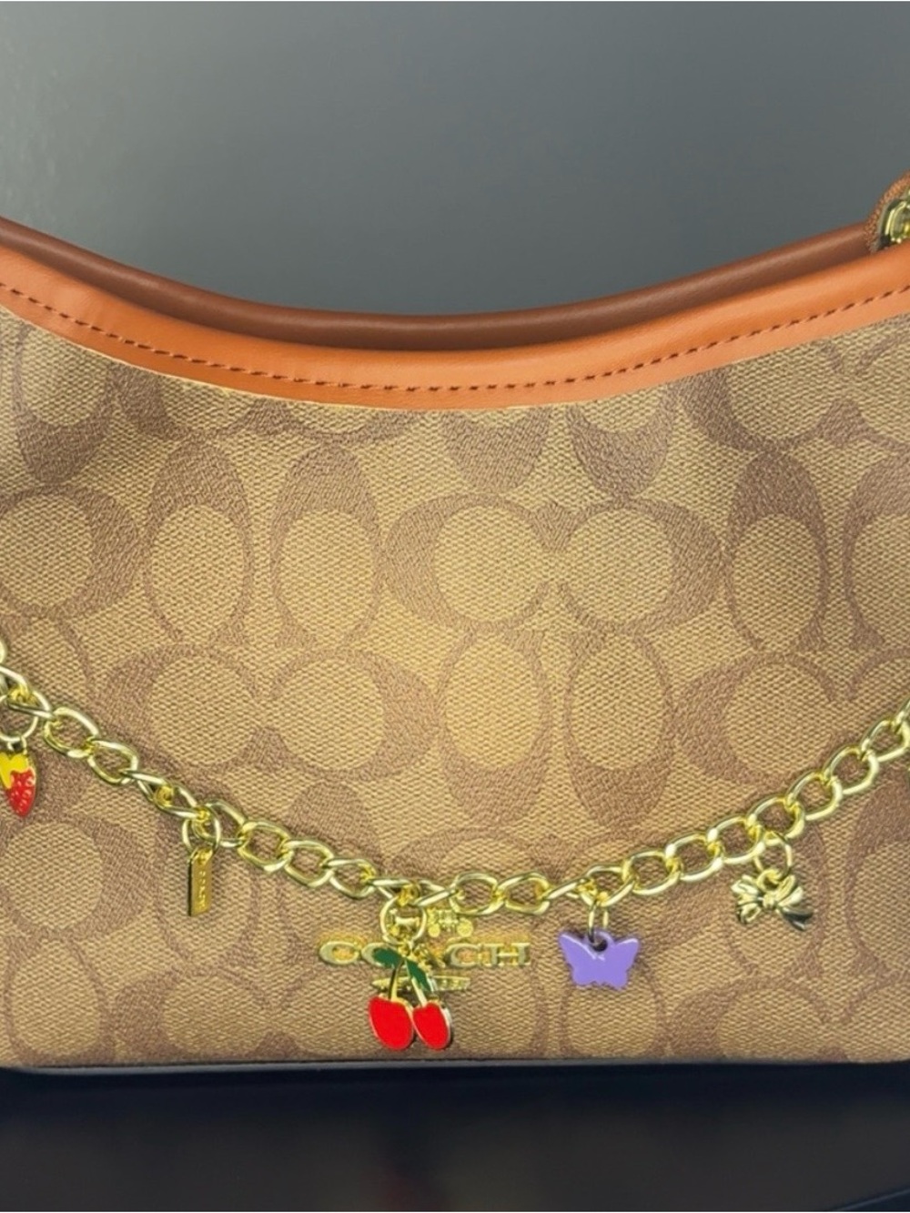Coach Signature Brown Canvas Shoulder Bag with Gold Charm Chain